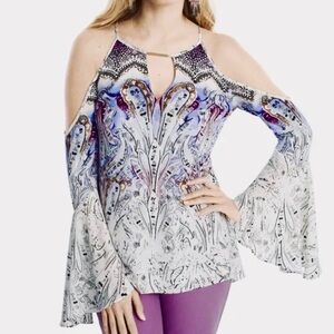 WHBM White/Purple/Blue Cold-Shoulder Paisley Blouse